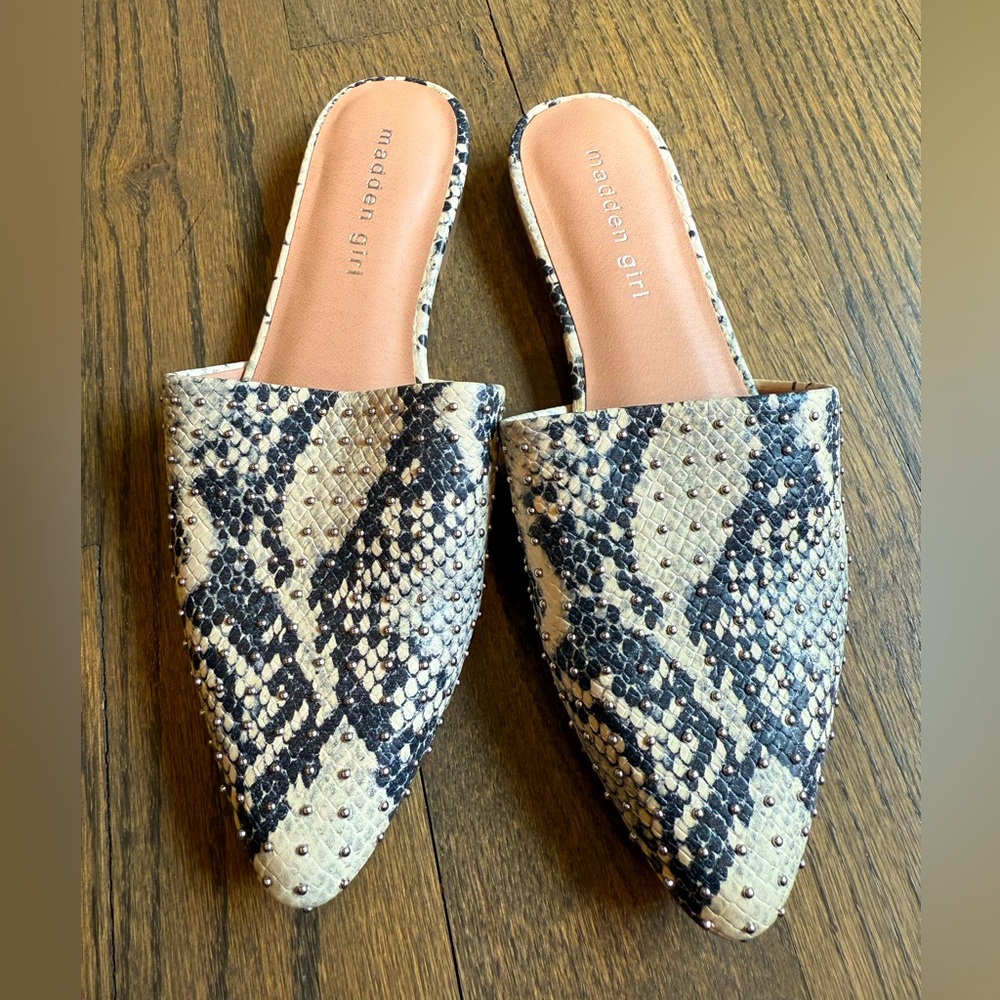 Madden Girl Black and Tan Snake Print Mules
